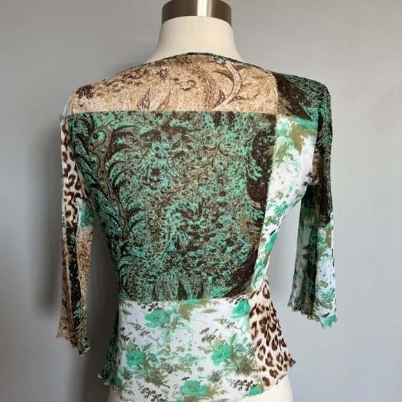 Roberto Cavalli Class Mesh 3/4‎ sleeves Parsley Floral cheetah Print Top Beach - Picture 7 of 11